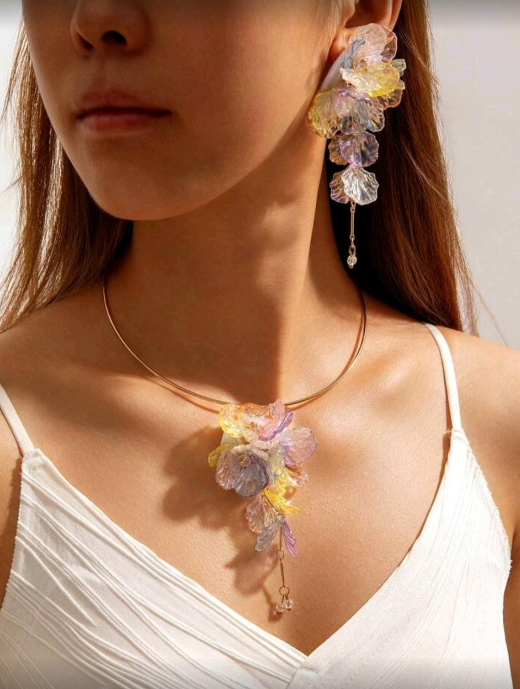 Ethereal Iridescent Acrylic Flower Statement Necklace and Earring Set – Pastel Ombre Petals
