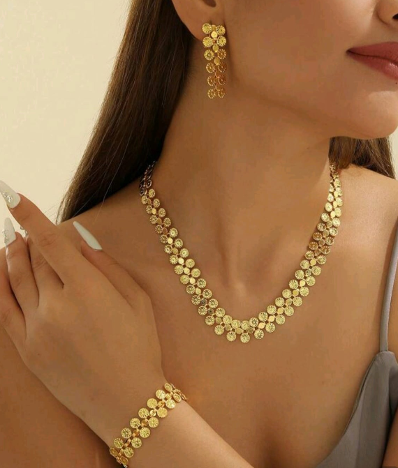 Gold-Plated Textured Coin Medallion Set – Three-Piece Statement Necklace, Bracelet, and Drop Earrings