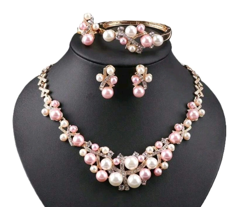 Pink and White Pearl Blossom Jewelry Set
