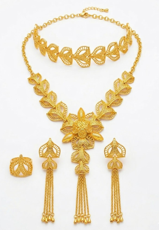 Regal Filigree Floral Bridal Set – 24K Gold-Plated Statement Necklace, Tassel Earrings, Choker, and Ring