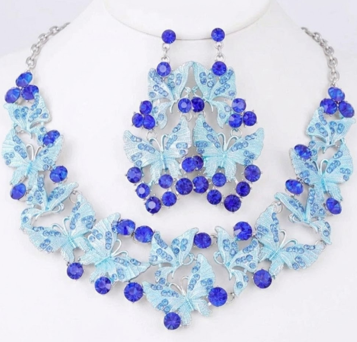 Whimsical Blue Crystal Butterfly Statement Necklace & Drop Earring Set