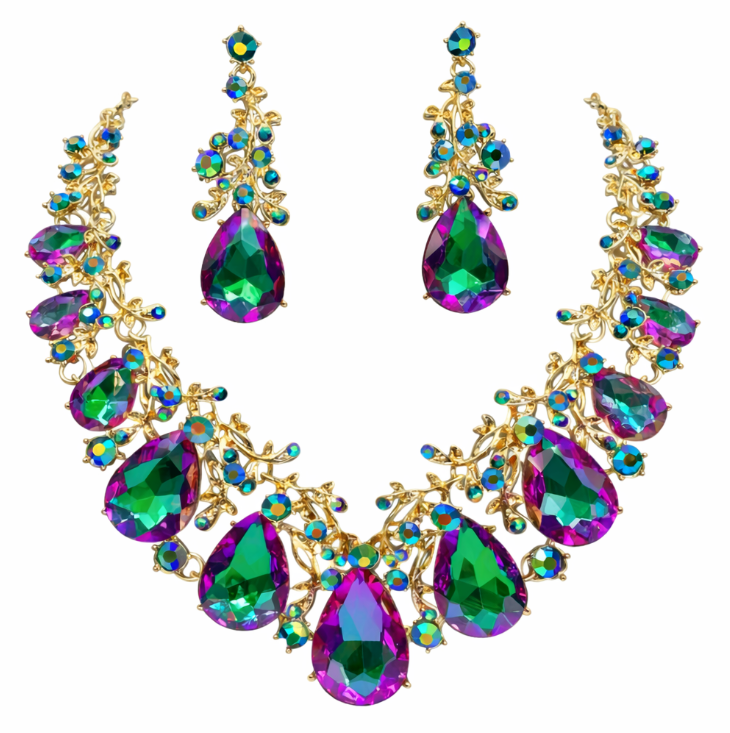 Luxury Multicolor Teardrop Crystal Statement Necklace Set – Gold Tone