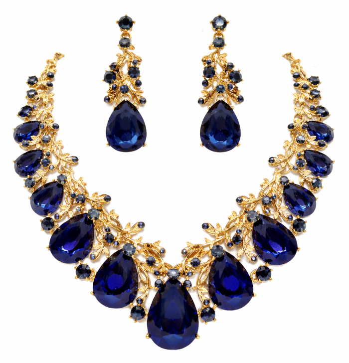 Royal Blue Teardrop Crystal Statement Necklace Set – Gold Tone