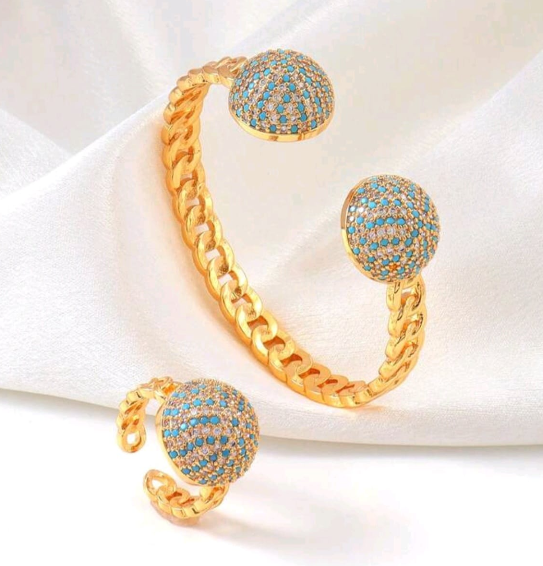 Turquoise Pave Orbit Jewelry Set – Gold-Tone Curb Chain Bangle & Matching Ring