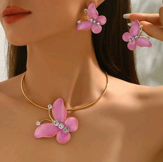 Elegant Pink Enamel Butterfly Jewelry Set