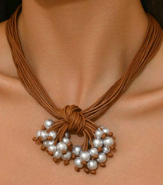 Artisan Knotted Cord & Faux Pearl Statement Necklace