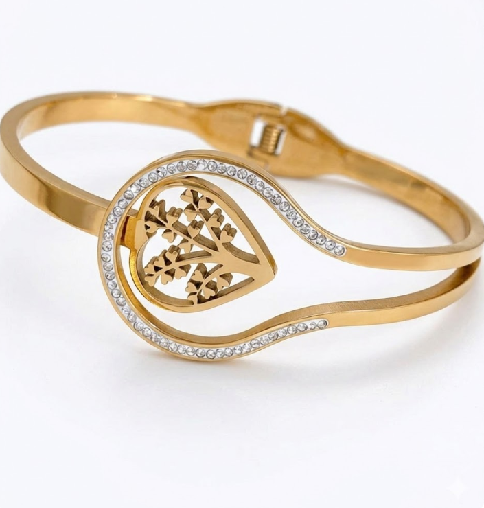 Elegant Gold-Tone Heart & Tree of Life Bangle – Crystal Encrusted Cut-Out Bracelet