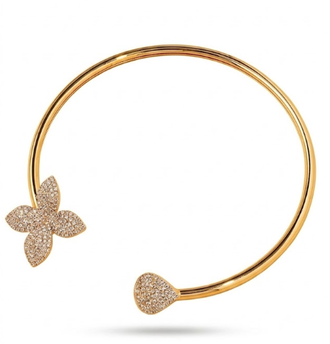Elegant Gold and Pave Diamond Open Cuff Bangle with Butterfly and Drop Motifs