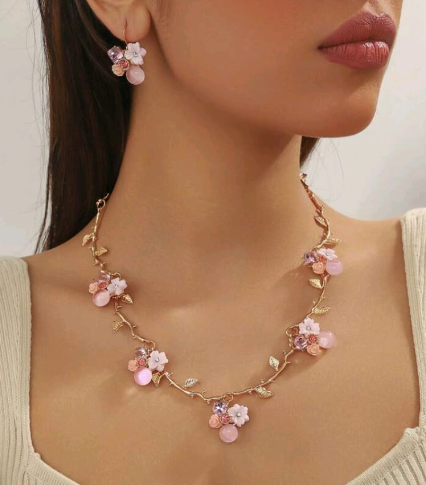 Ethereal Rose Gold Floral Vine Necklace and Earring Set with Pink Crystal Accents