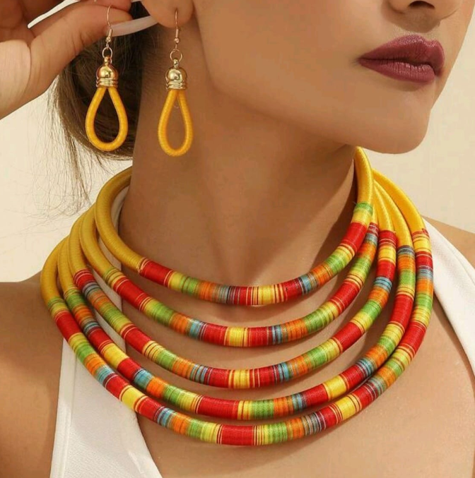 Bohemian Multi-Layered Thread-Wrapped Rope Necklace & Earring Set