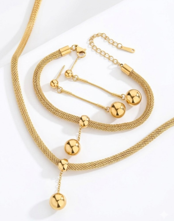 Modernist Gold Mesh Statement Set | Geometric Sphere Charm Suite