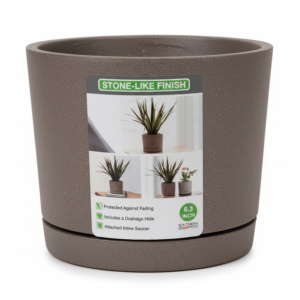 6.3-Inch Stone-Finish Planter with Attached Saucer