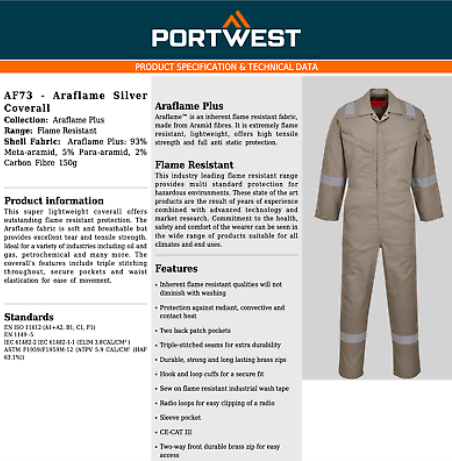 Portwest Araflame Nfpa 2112 Fr Coverall