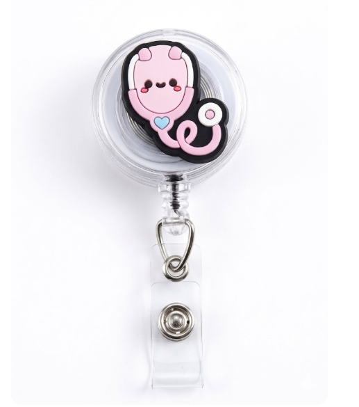 Kawaii Pink Stethoscope Retractable ID Badge Reel – Professional Healthcare Accessory