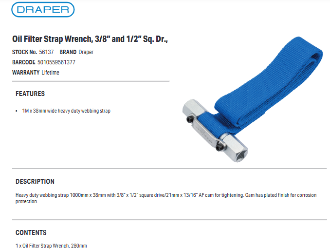 Oil Filter 3/8 & 1/2 280Mm Strap
