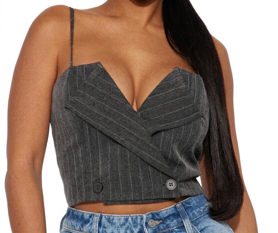 Pinstripe Lapel Bustier Crop Top - Charcoal (Size XS)