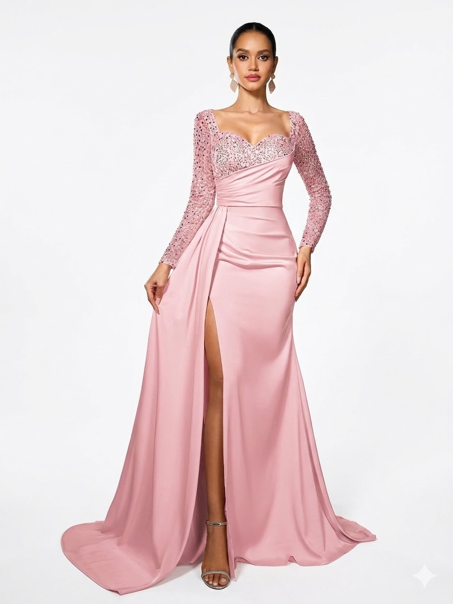 Sequin Bodice High-Slit Satin Gown - Pink (Size XS)