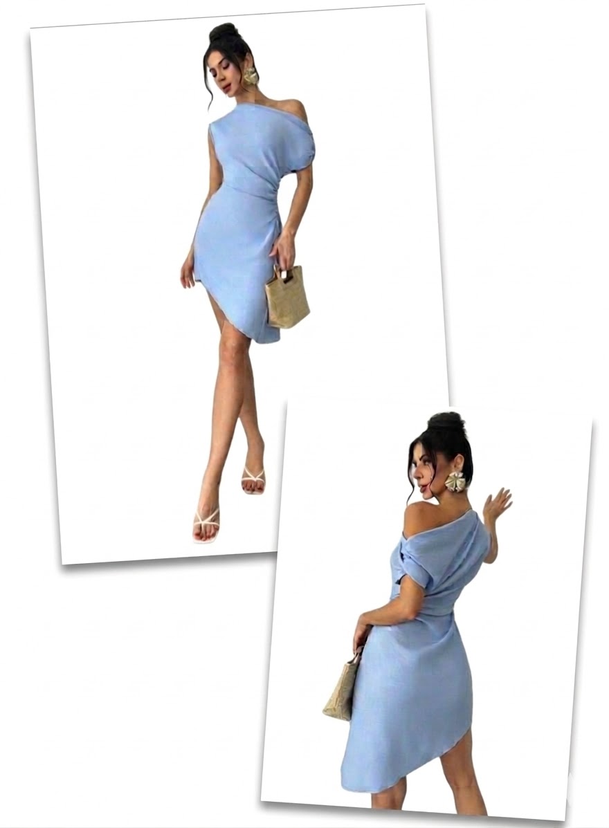 One-Shoulder Asymmetrical Ruched Mini Dress – Baby Blue (Size M)