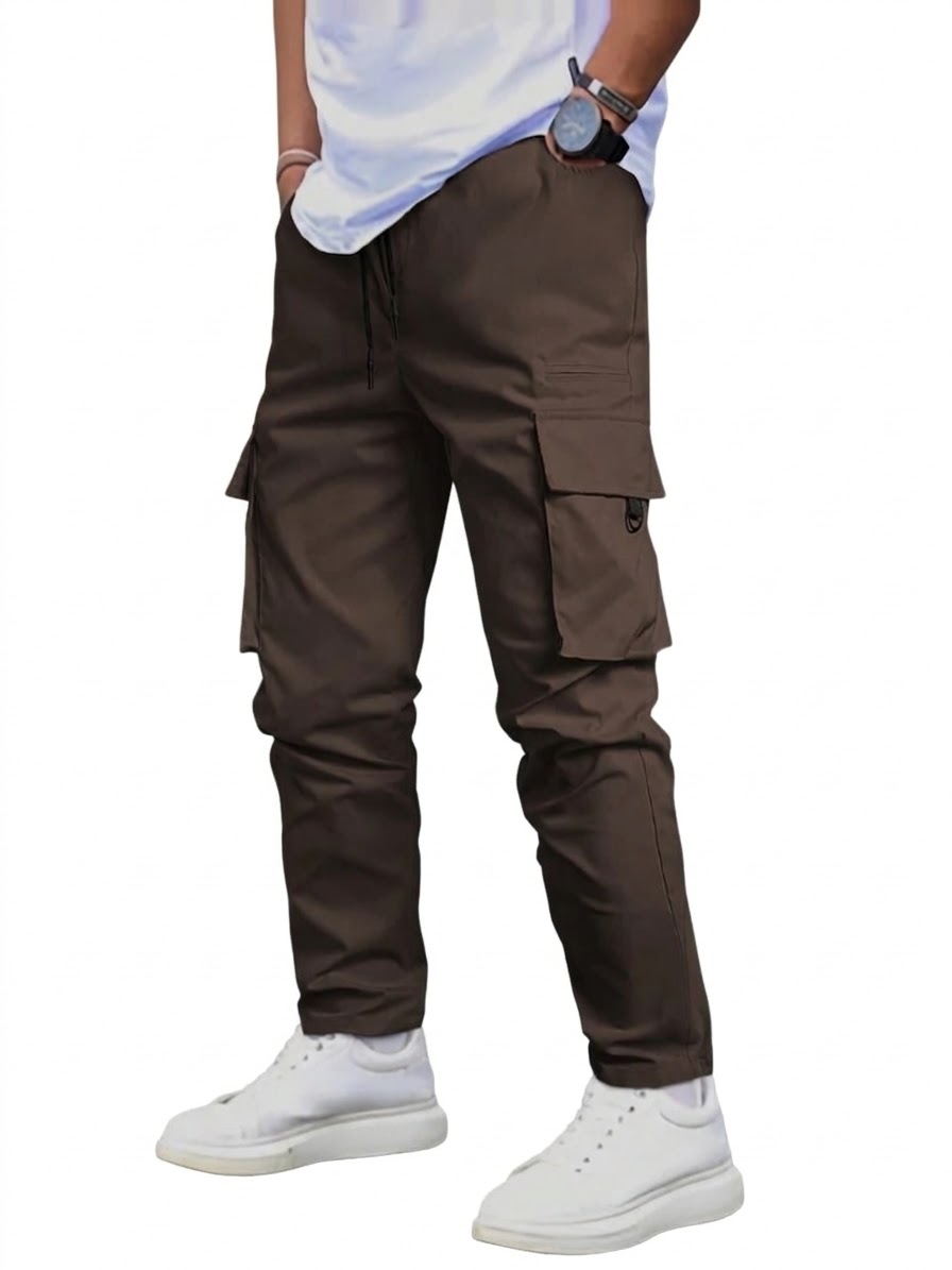 Men's Tapered Cargo Pants with Flap Pockets - Coffee (Size M)