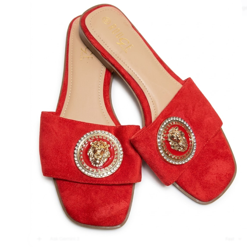 Rouge Helium Women’s Faux Suede Slides with Lion Head Medallion