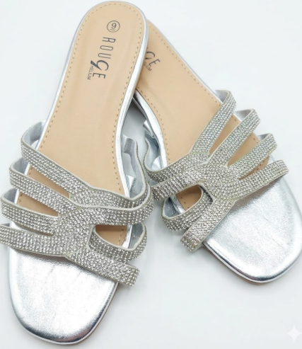 Rouge Helium Women's Silver Rhinestone Slide Sandals - Size 9