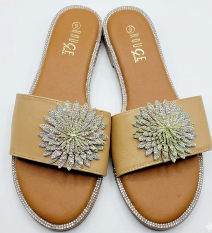 Rouge Helium Tan Flat Slide Sandals with Iridescent Rhinestone Sunburst Accents