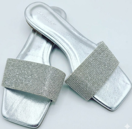 Bamboo Silver Metallic Square Toe Flat Slides with Rhinestone Band – Size 9