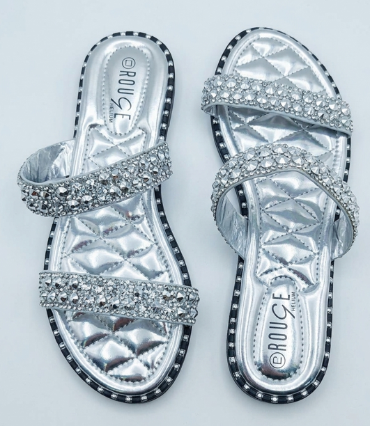Rouge Helium Silver Metallic Quilted Slide Sandals with Multi-Strap Rhinestones – Size 8
