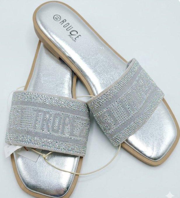 Rouge Helium Silver Metallic "Saint Tropez" Rhinestone Slide Sandals – Size 8.5