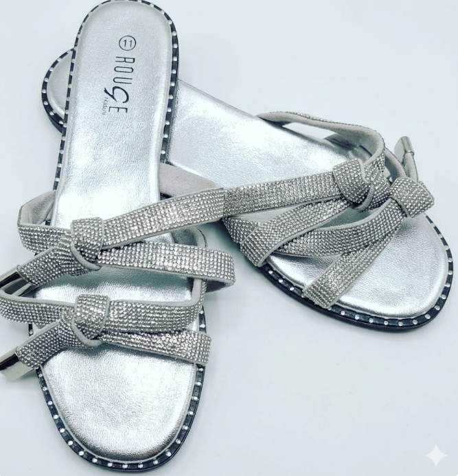 Rouge Helium Silver Metallic Multi-Strap Knotted Rhinestone Slides – Size 11