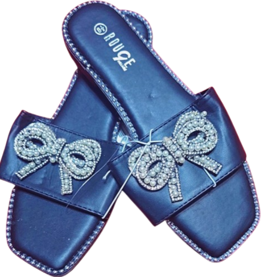 Rouge Helium Pearl-Encrusted Bow Slides