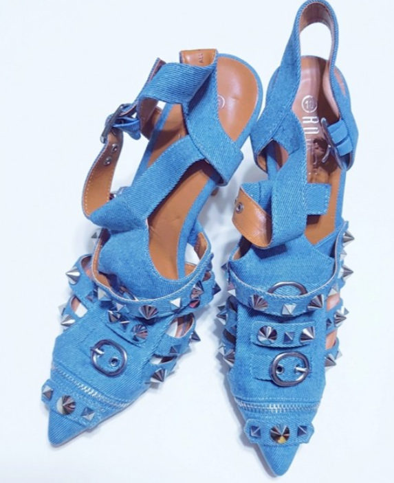 Studded Denim Pointed-Toe Buckle Heels Size 10