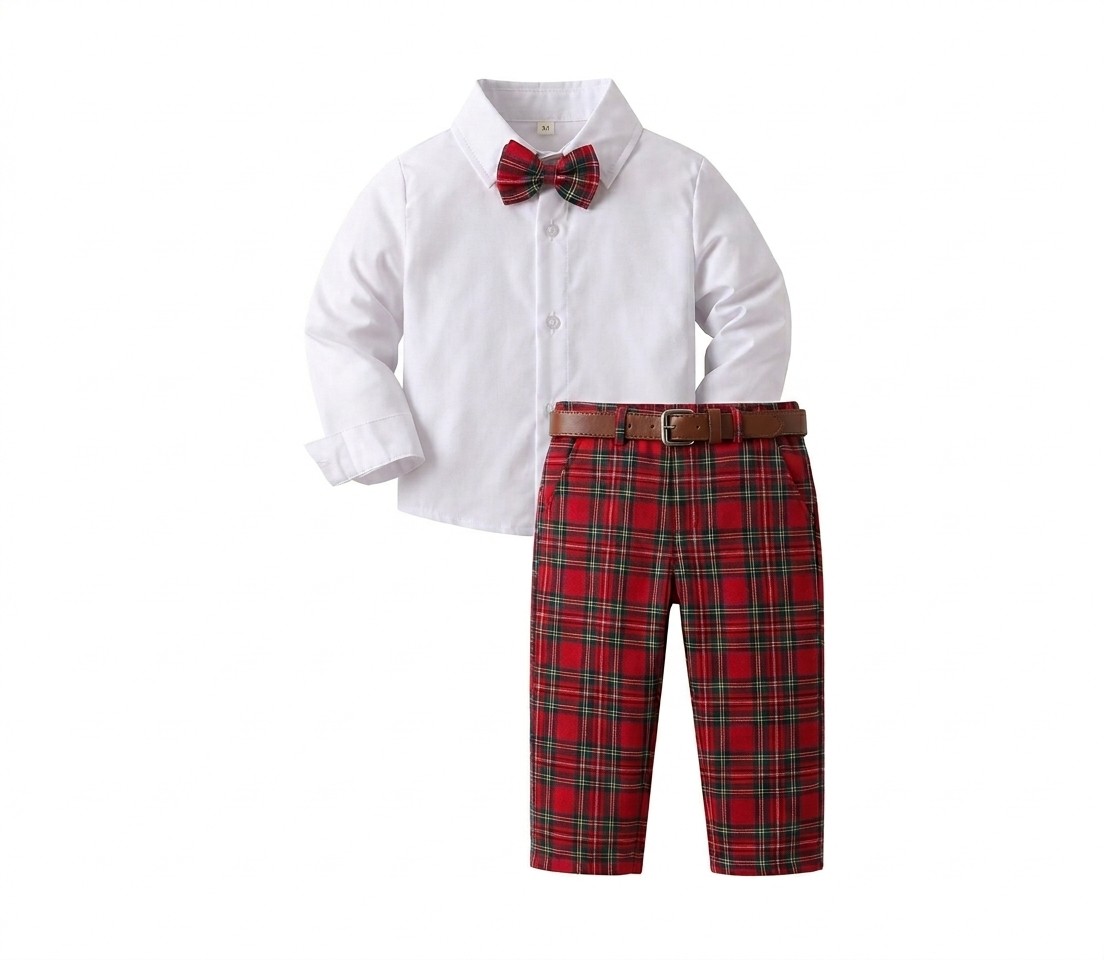 Boys' 4-Piece Red Plaid Holiday Suit Set (Size: 5 Years)