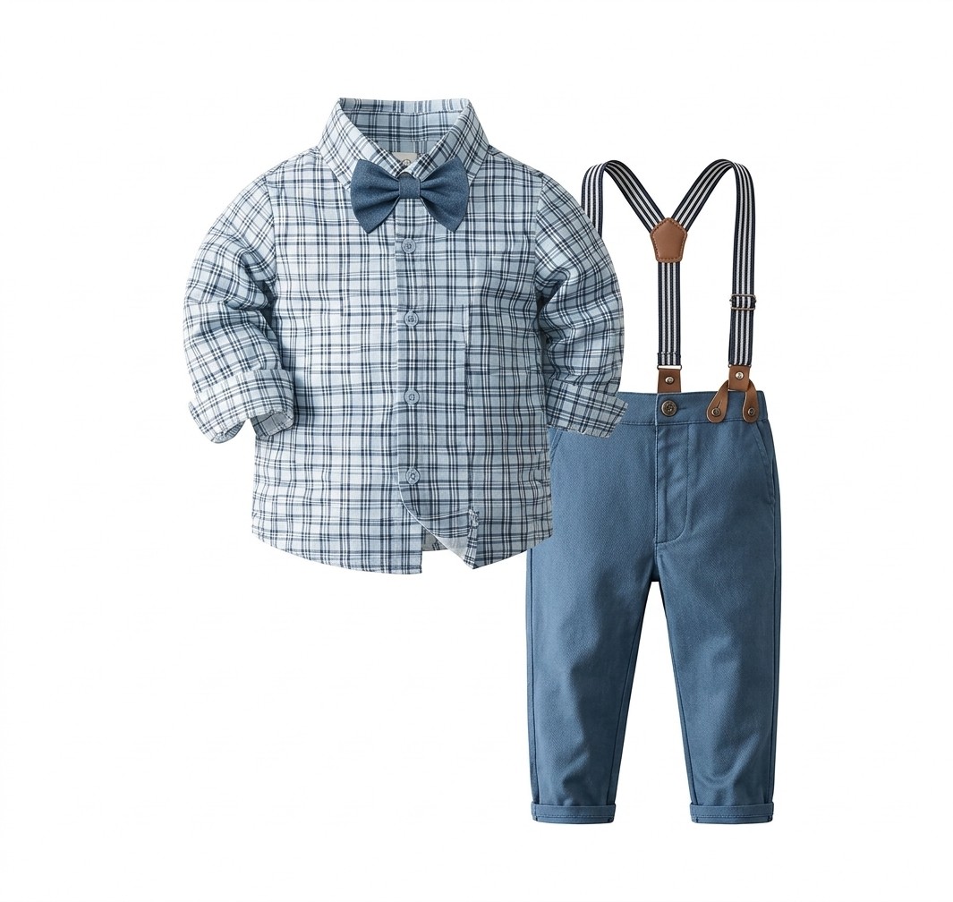 Boys Plaid Dress Shirt & Suspender Trousers Set (Size: 5 Years)