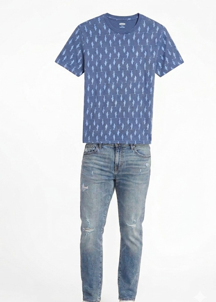 Men’s Patterned Crew-Neck Tee and Distressed Slim-Fit Jeans Set