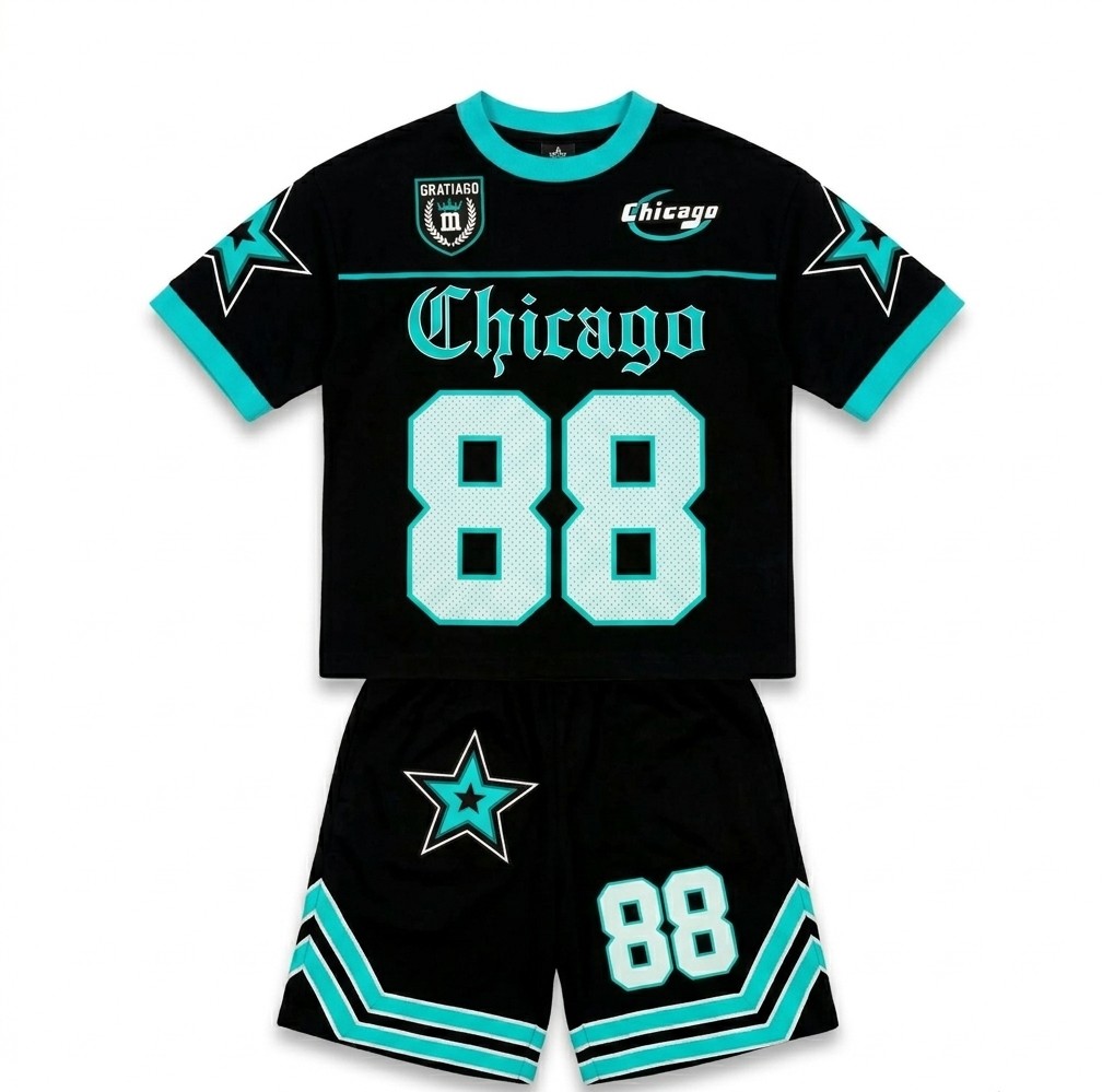 Boys' Chicago 88 Streetwear Shorts Set – Black & Teal Size 12 Years