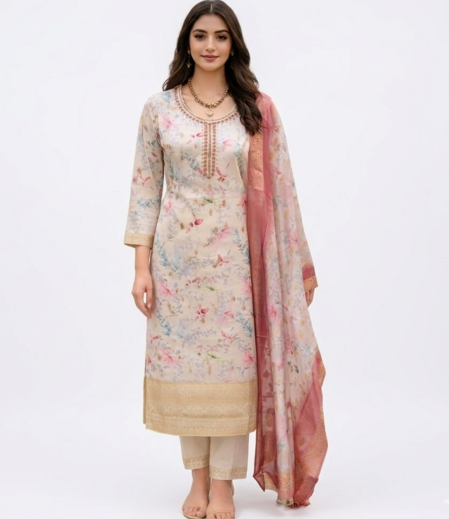 Floral Print Salwar Kameez Suit with Banarasi Border & Organza Dupatta
