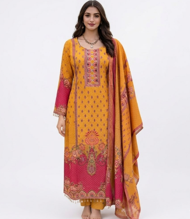 Elegant Mustard & Magenta Floral Shalwar Kameez Set