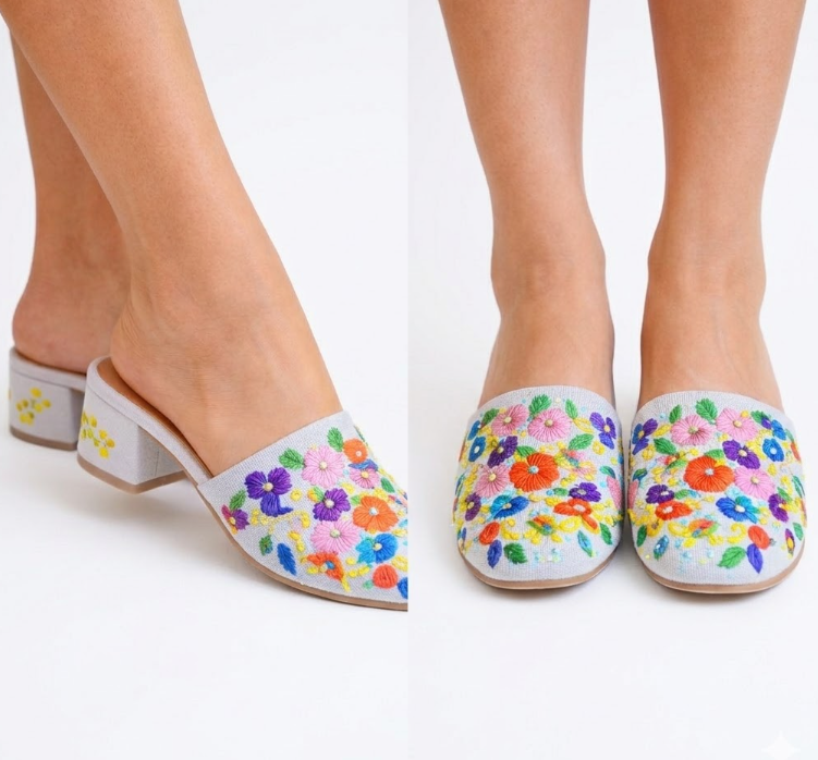 Artisanal Embroidered Indian Festive Mules – Multi-Color Floral Block Heels (Free Size)