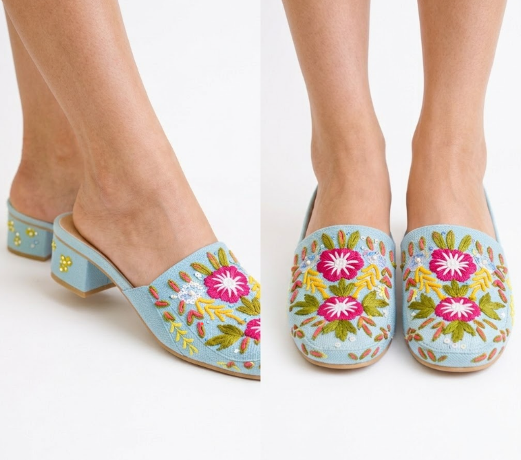 Artisanal Embroidered Indian Ethnic Mules – Sky Blue Canvas Block Heels (Free Size)