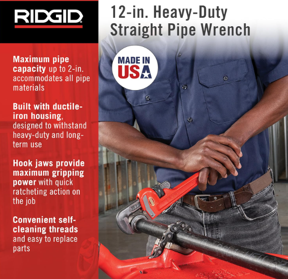 Ridgid 31015 Model 12 Heavy-Duty Straight Pipe Wrench, 12-Inch Plumbing Wrench, Red, Small