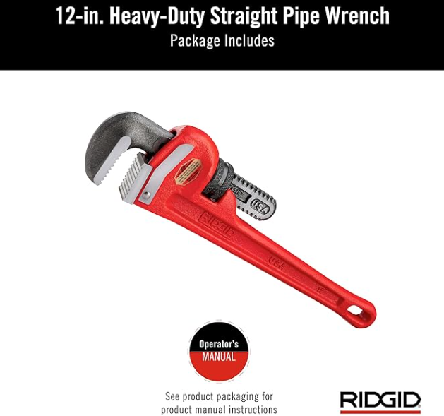 Ridgid 31015 Model 12 Heavy-Duty Straight Pipe Wrench, 12-Inch Plumbing Wrench, Red, Small