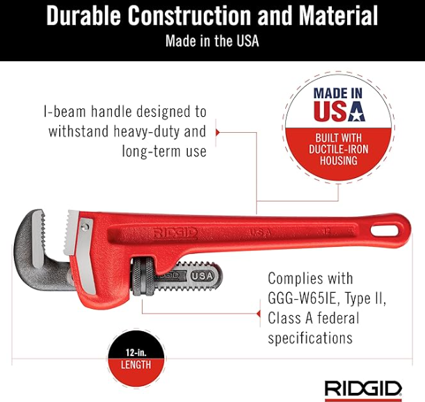 Ridgid 31015 Model 12 Heavy-Duty Straight Pipe Wrench, 12-Inch Plumbing Wrench, Red, Small