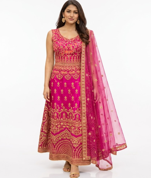 Elegant Magenta Anarkali Gown with Gold Zari Embroidery & Net Dupatta