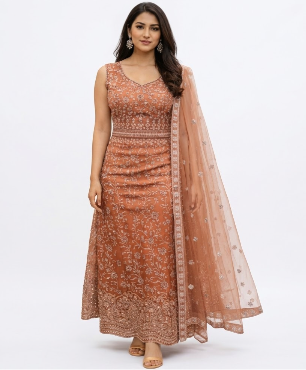 Elegant Terracotta Embroidered Anarkali Suit Set | Intricate Floral Threadwork with Sequin Accents & Matching Net Dupatta