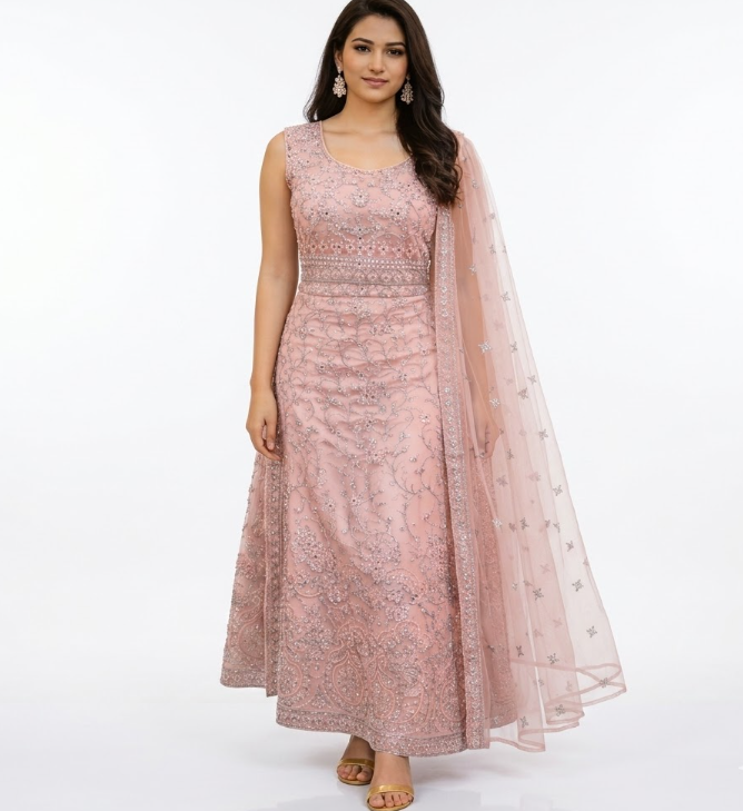 Elegant Hand-Embroidered Dusty Pink Anarkali Gown with Dupatta