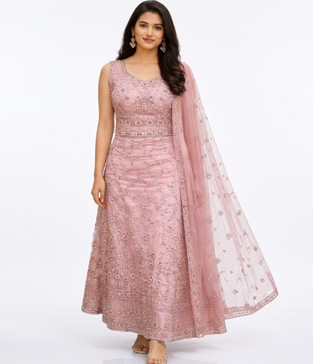 Elegant Mauve Embroidered Anarkali Gown with Sequined Dupatta