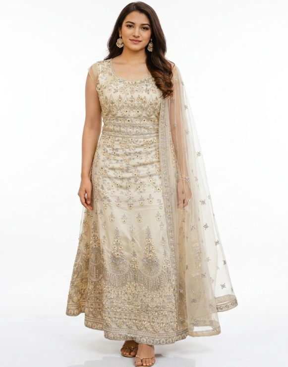 Elegance in Ivory: Traditional Embroidered Anarkali Ensemble