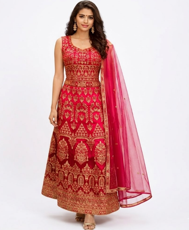 Royal Crimson Heritage: Exquisite Embroidered Silk Anarkali Gown