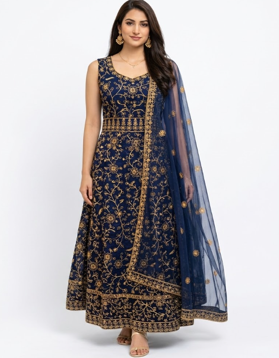 Regal Deep Navy & Gold Embroidered Anarkali Gown with Sheer Dupatta